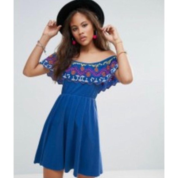 ASOS Embroidered Off Shoulder Mini Dress Blue 6 - Picture 3 of 9